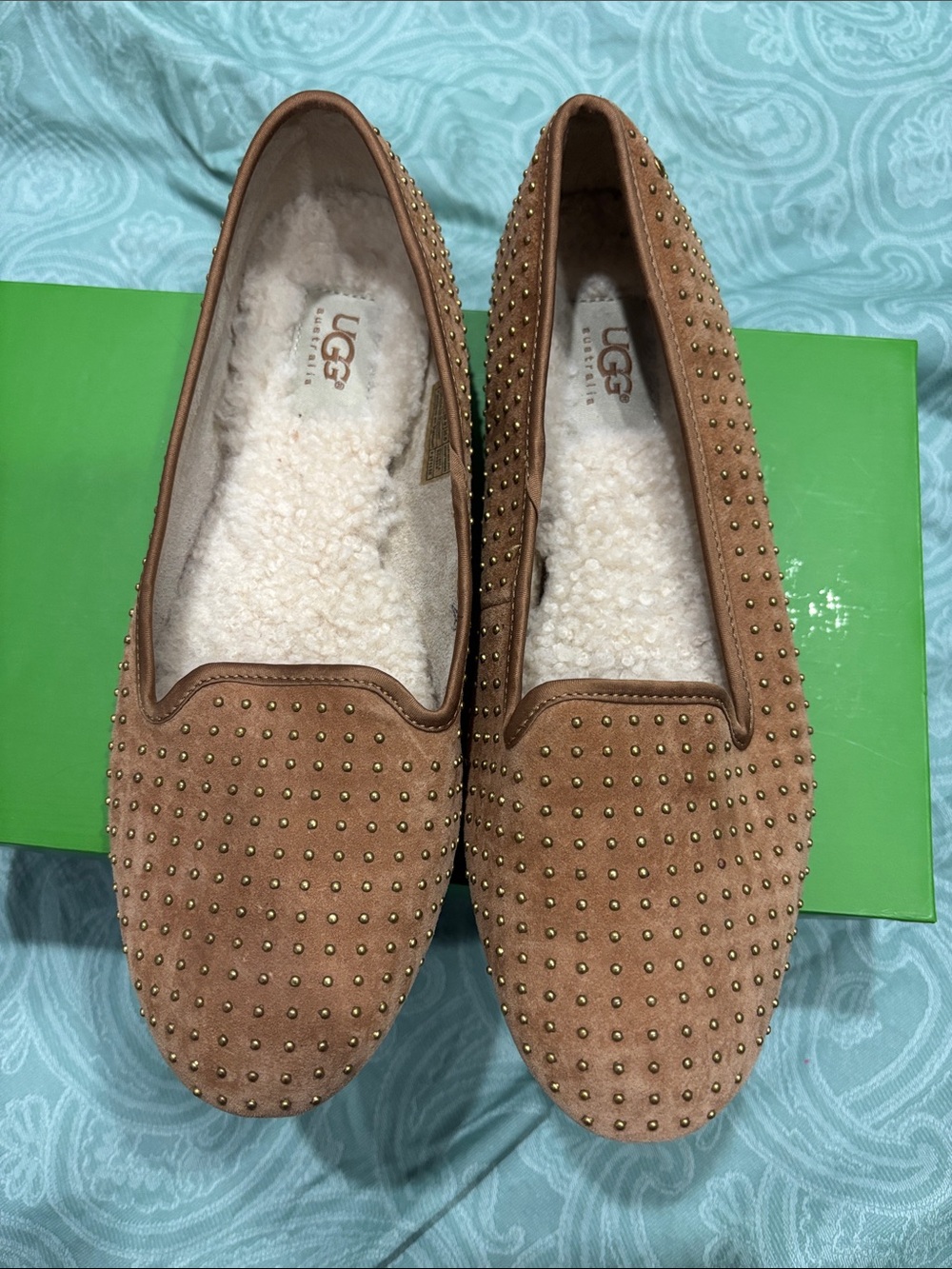 UGG Chestnut Suede Studded Shearling-Lined Slip-On Loafers